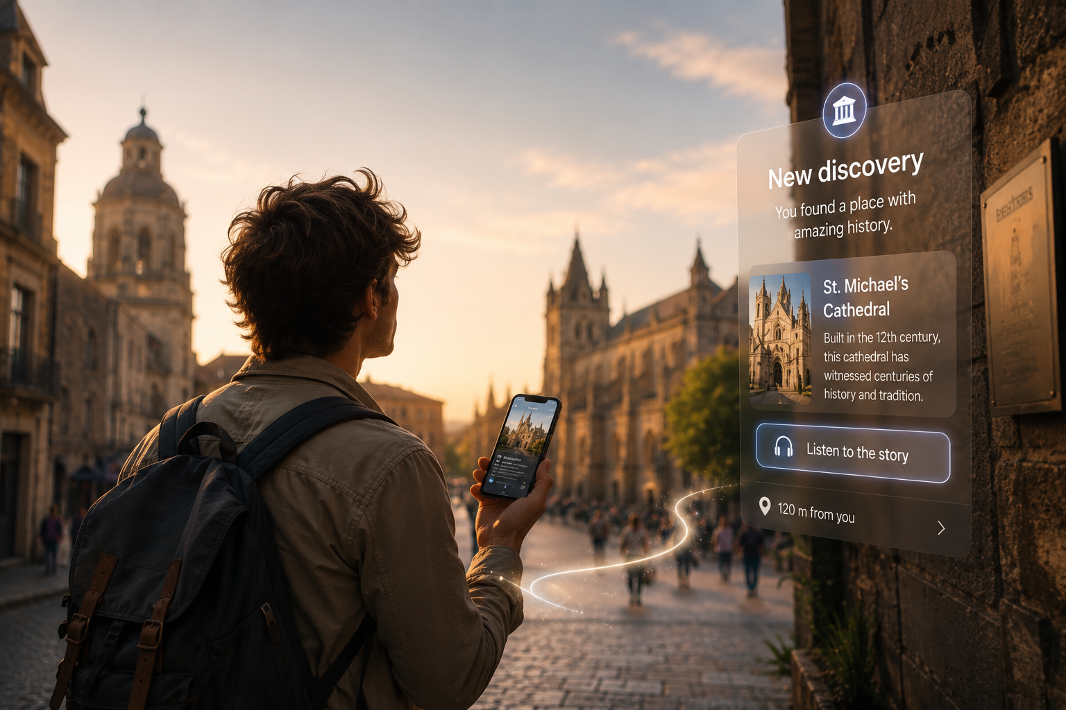 WiseTap revealing a new discovery near a cathedral